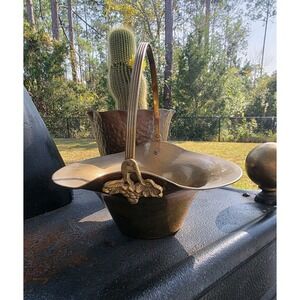 Vintage Brass Flared‎ Basket Bowl w/ Swing Handle & Grapes Mid Century Decor